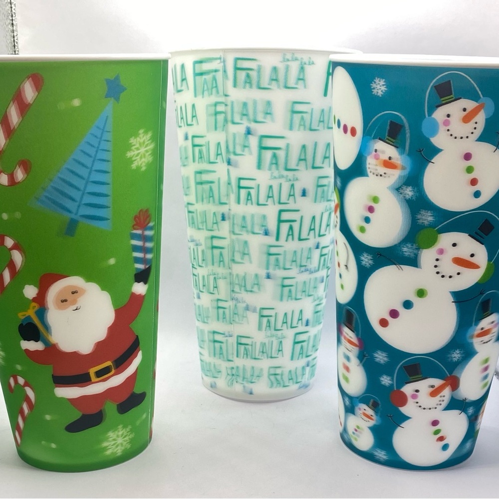 Snowman, Santa Clause and Falala 7.5” Tall Plastic Cups